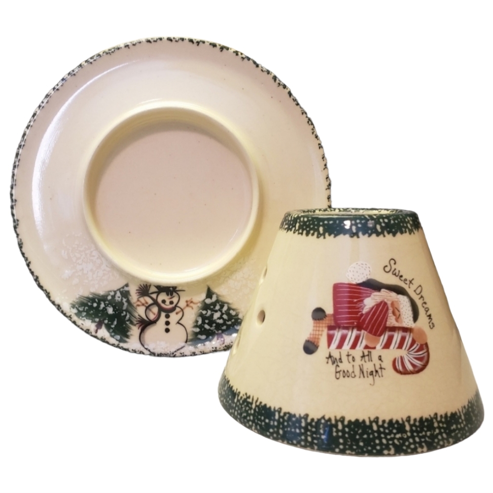 Vtg Yankee Candle Shade & Plate Santa & Snowman Sweet Dreams Candycane Goodnight